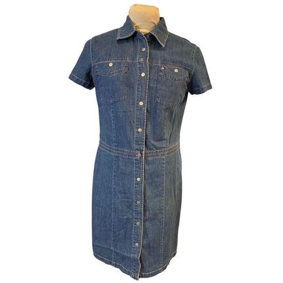 Tommy Hilfiger Women’s Denim Dress Sz. 12 Snap Button Front Short Sleeve - Picture 8 of 11